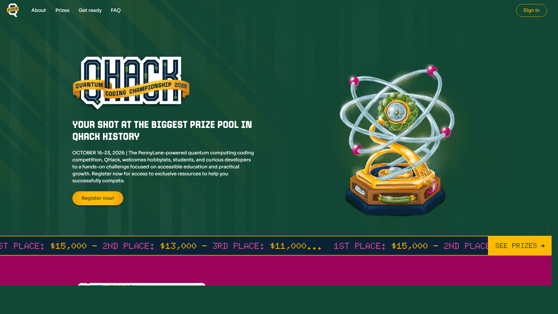 QHack 2026 marketing site homepage, green and yellow sports-inspired visual system