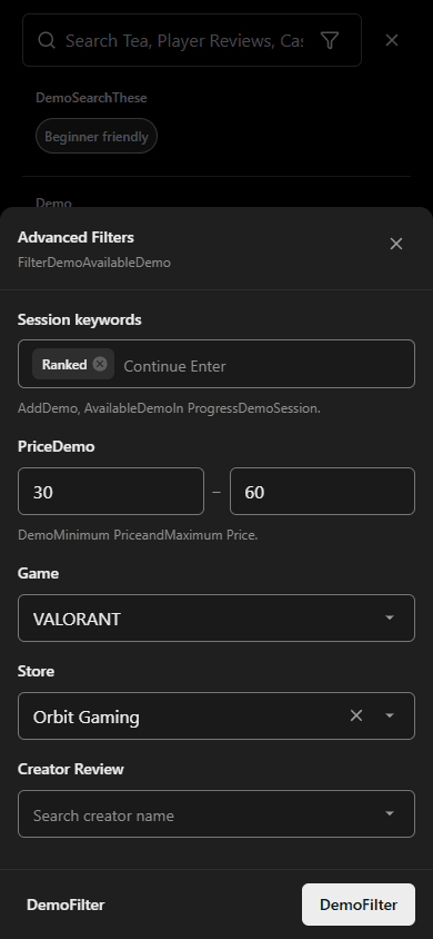 Advanced Order Search with a Ranked keyword, 30–60 price range, VALORANT game and Orbit Gaming store selected