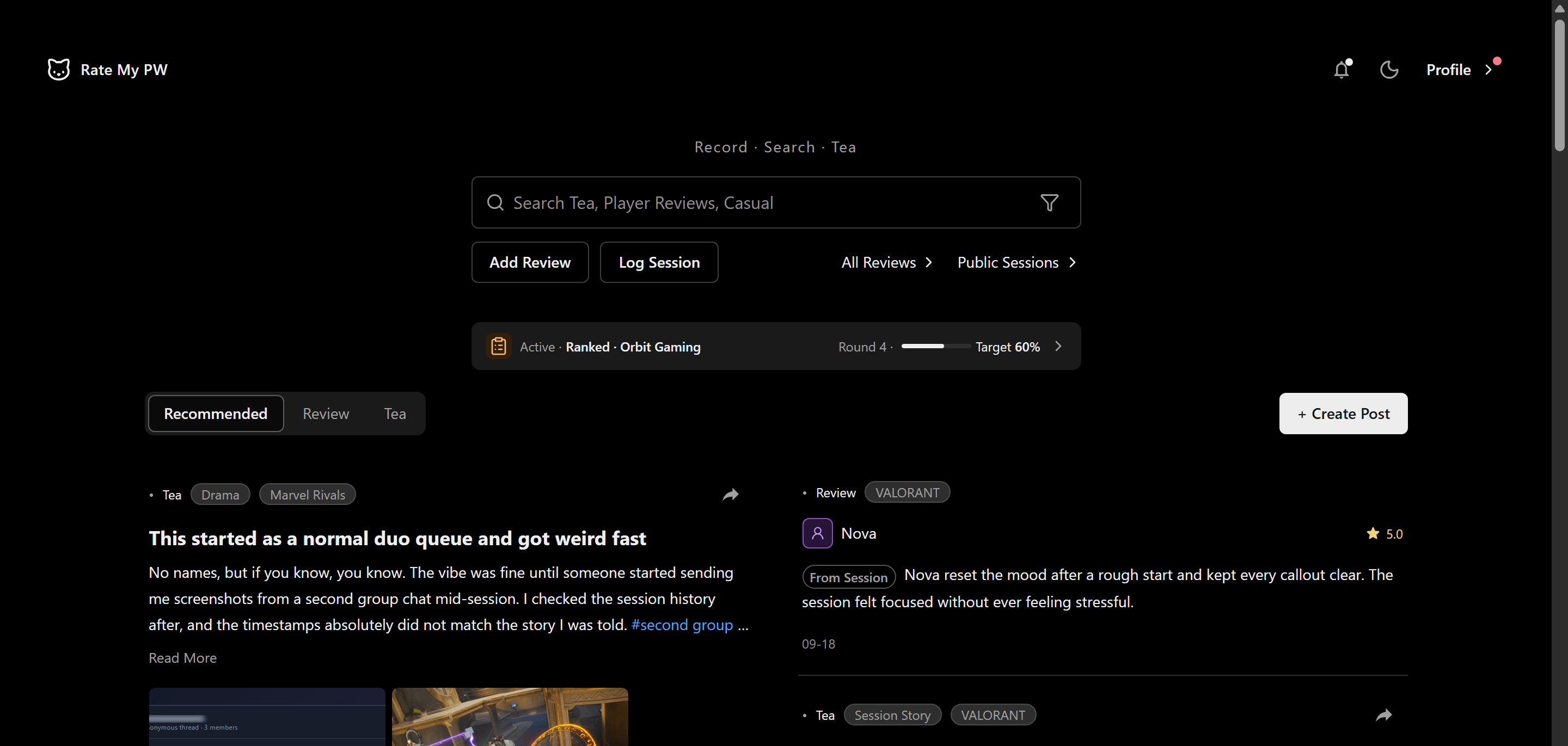 Rate My PW homepage — mixed feed of reviews, sessions, and community posts