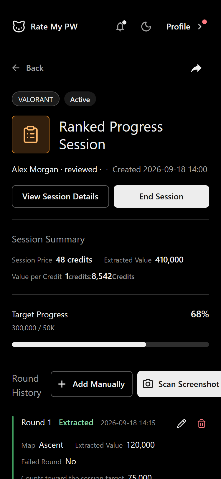Mobile Order detail with session progress and round records