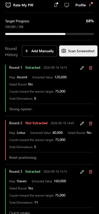 Mobile Order history with target progress and three rounds showing results, maps, extracted values and eliminations