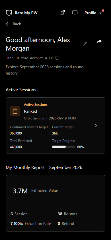 Personal Center with the player profile, active session progress and monthly gameplay report