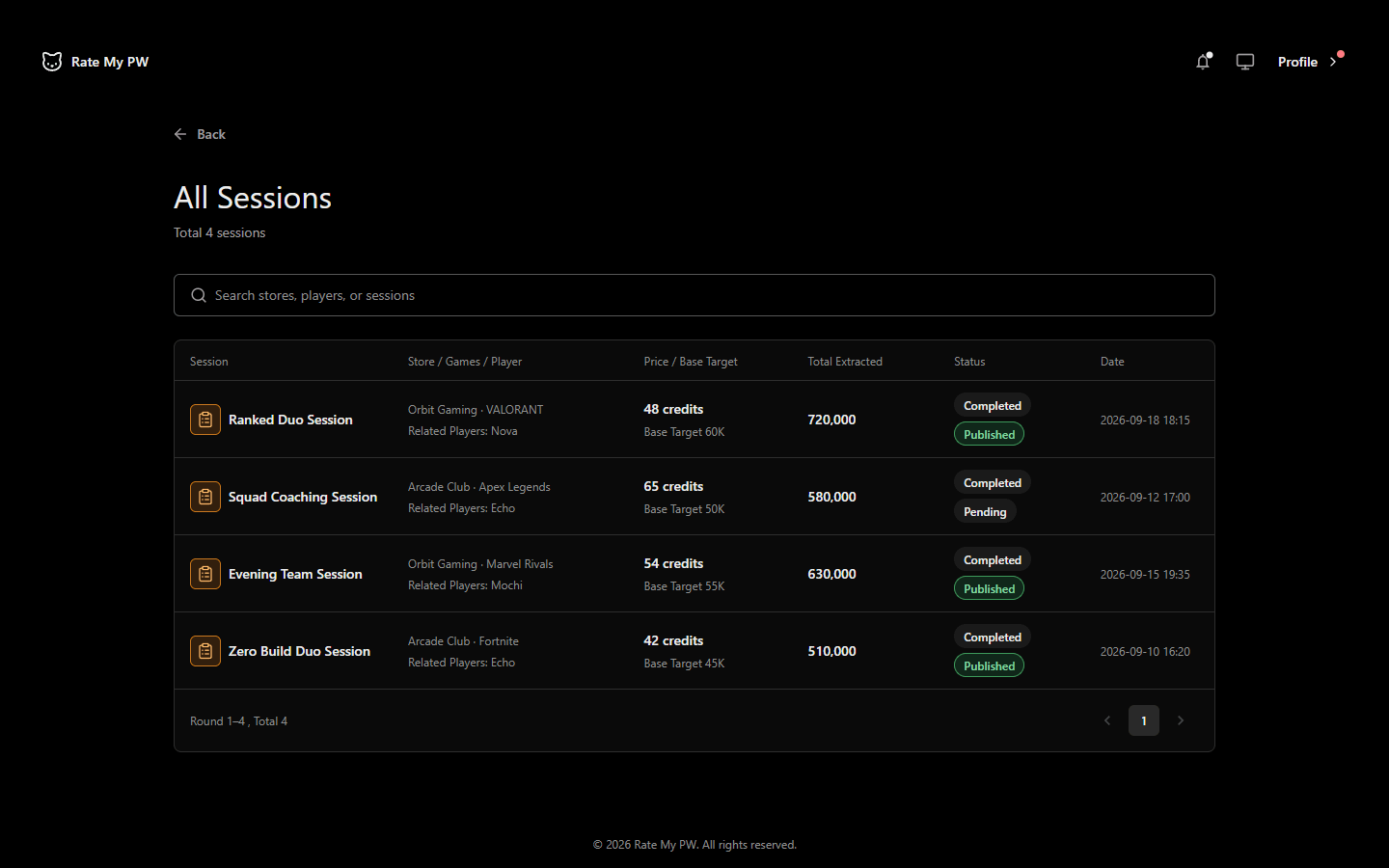 Desktop session discovery list with store, player, game and recorded outcomes