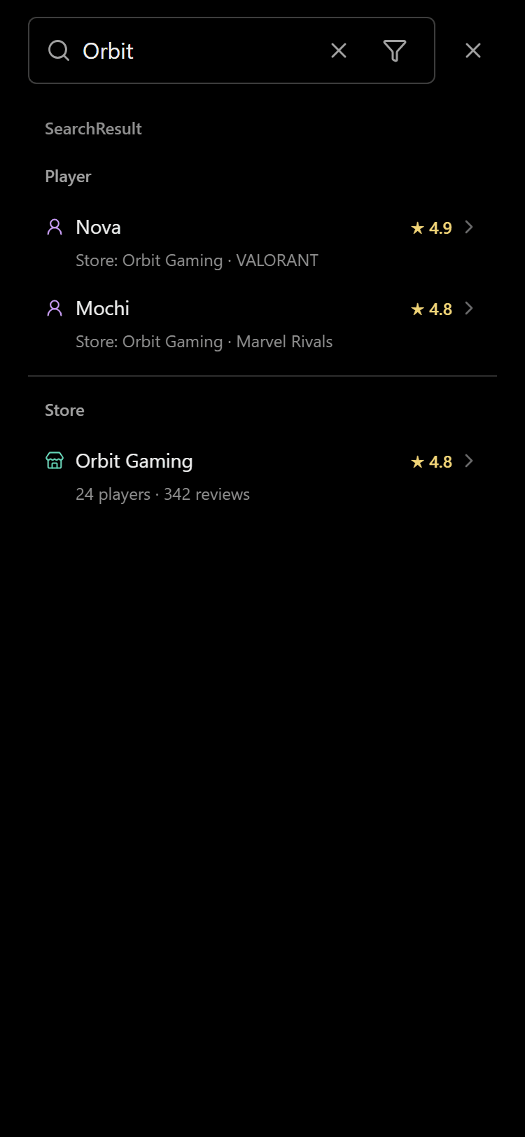 Mobile global Search showing Player and Store suggestions