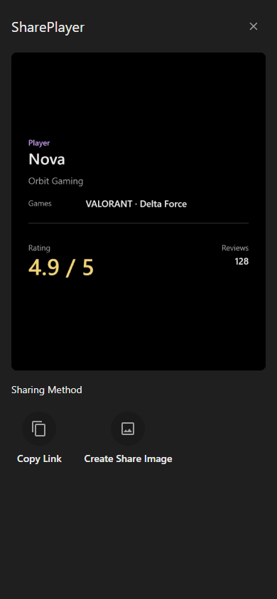 Player share-card preview showing Nova's store, games, rating and review count with sharing controls