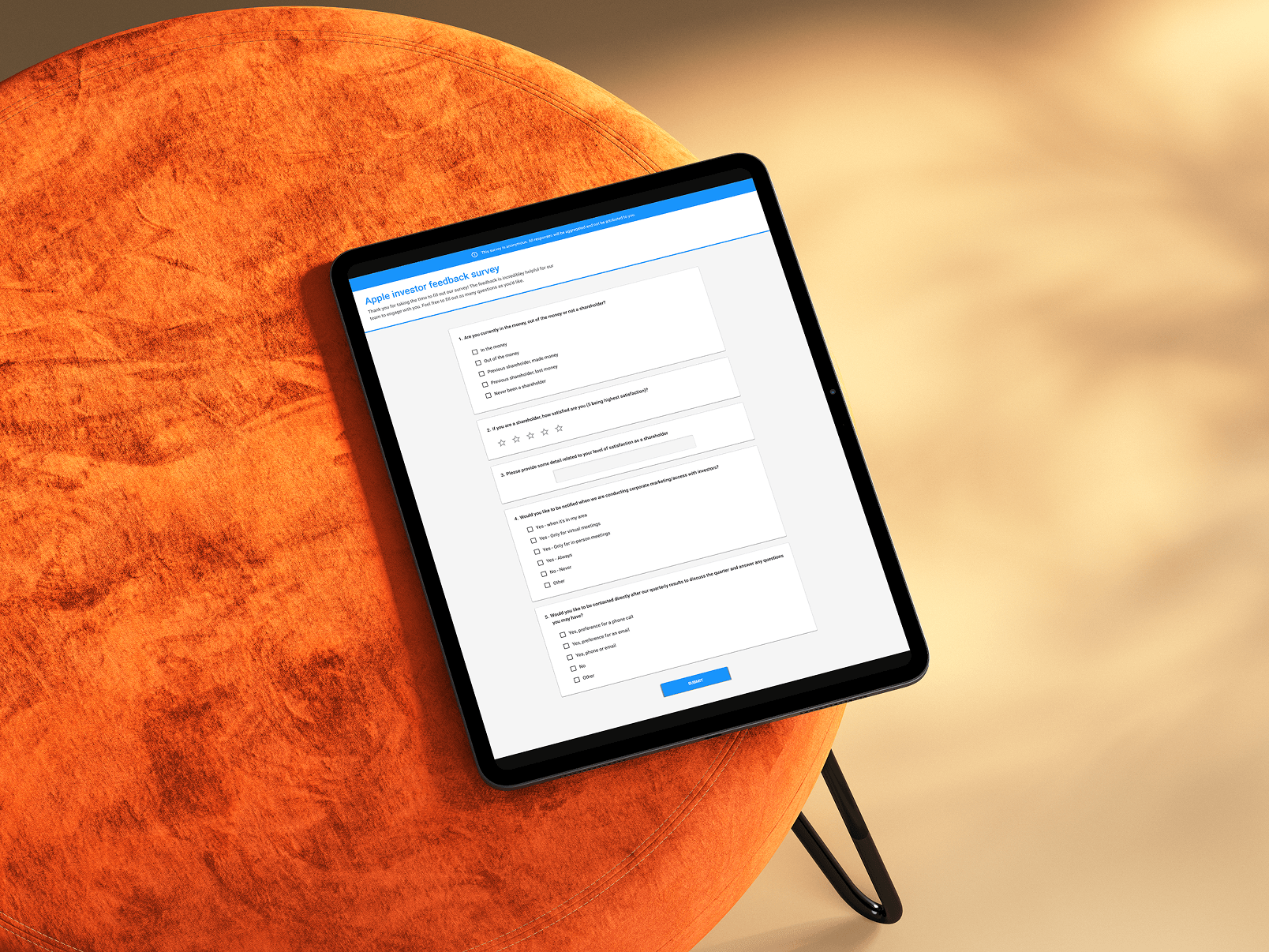 Apple investor feedback survey shown on a tablet, as a recipient would see it